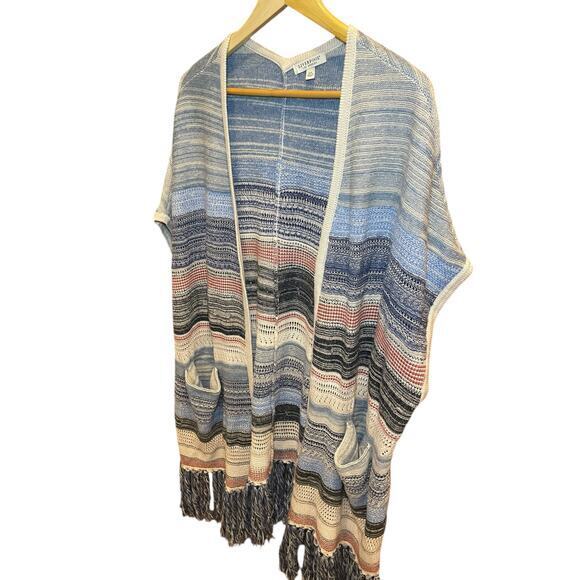 Liverpool Sleeveless Cardigan Sweater w/ Fringe Blue & Multi Color Medium, Large - Picture 5 of 12